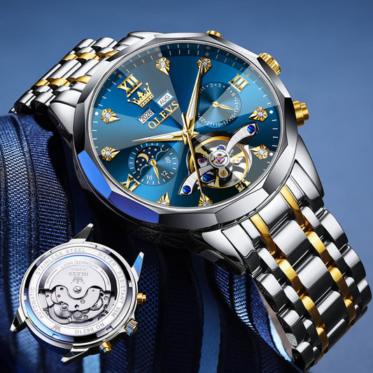 OLEVS 6621Automatic Watches for Men Luxury Dress Waterproof Self Winding Mechanical Moon Phase Chronograph Stainless Steel Luminous Diamond Date Skeleton Tourbillon Wristwatch for Men Reloj Para Hombre