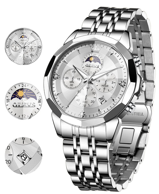 OLEVS 3673 Watches For Men Business Dress Luxury Casual Chronograph Multifunction Analog Quartz Stainless Steel Waterproof Luminous Moon Phase Date Men Wrist Watches Reloj Para Hombre