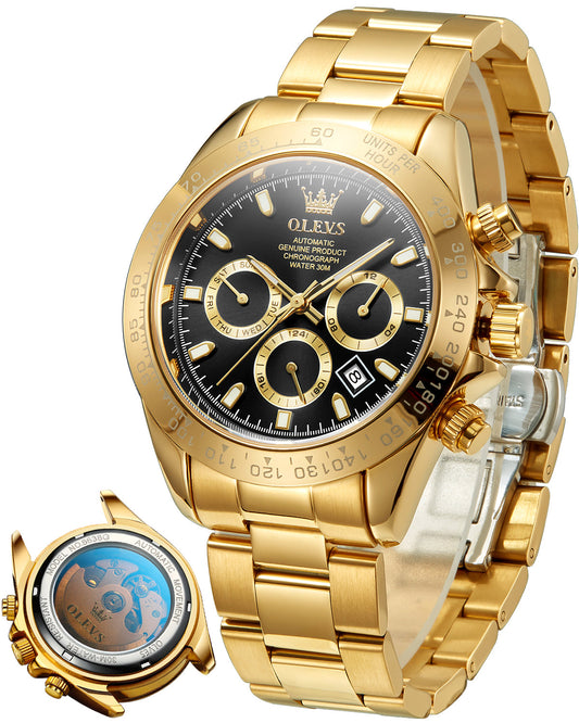 OLEVS 6638 Automatic Watches for Men Self Winding Chronograph Mechanical Luxury Dress Stainless Steel Calendar Date Waterproof Luminous Mens Wrist Watches Gift Reloj Para Hombre Gold/Black/Blue/Green Dial