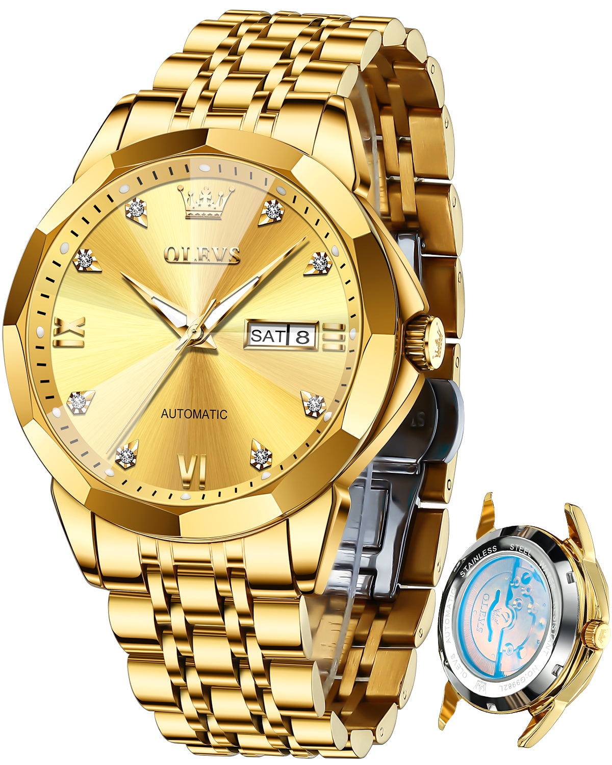 OLEVS 9982 Automatic Watches for Men Self Winding Mechanical Luxury Dress Stainless Steel Two Tone Strap Diamond Waterproof Luminous Date Mens Wrist Watches Reloj Para Hombre Black/Blue/Gold/White