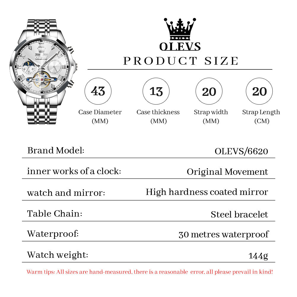 OLEVS 6620 Automatic Watches for Men Self Winding Mechanical Skeleton Luxury Dress Chronograph Gold Plated Stainless Steel Calendar Moon Phase Waterproof Luminous Mens Wrist Watches Reloj Para Hombre