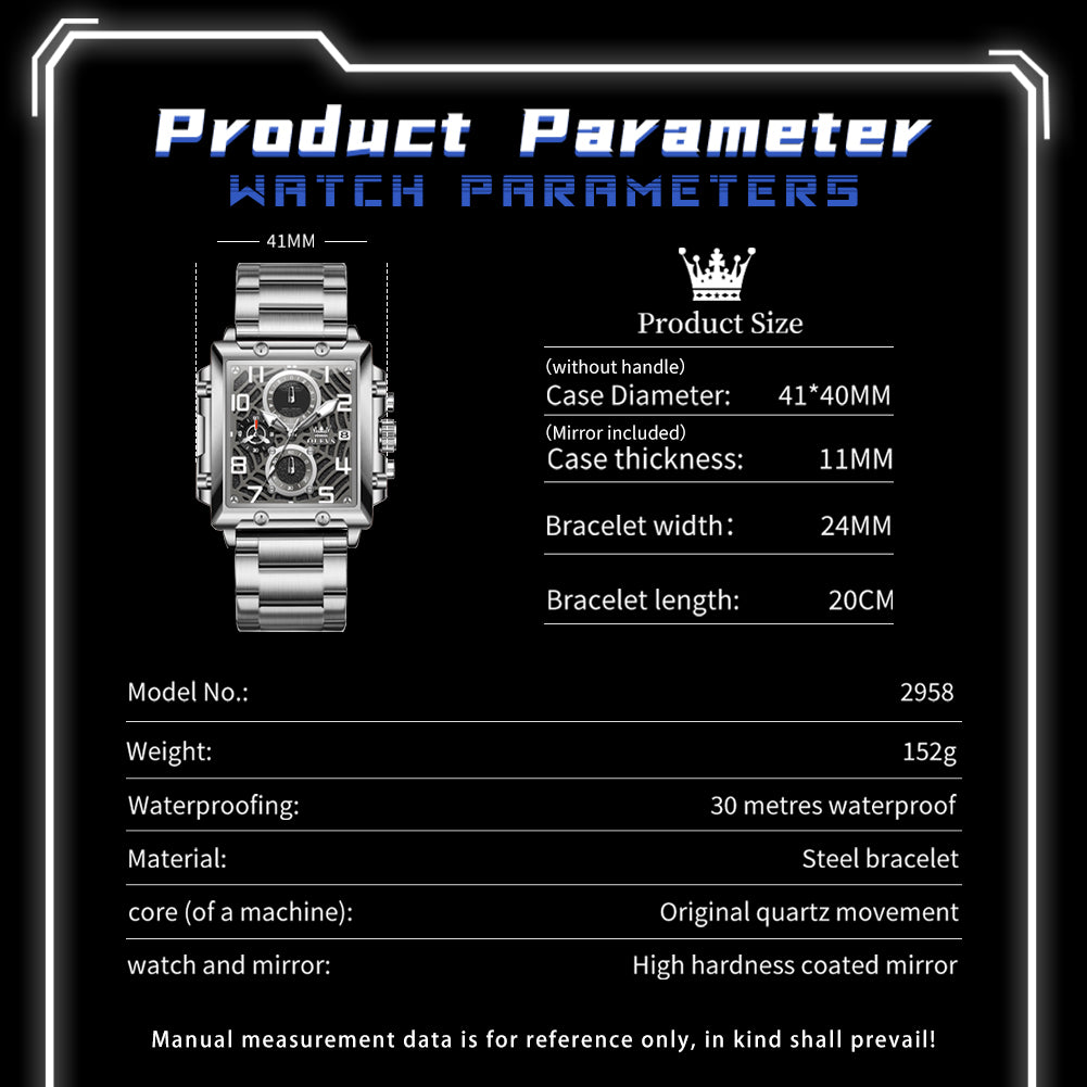 OLEVS 2958 Watches for Men Business Dress Chronograph Analog Quartz Square Dial Stainless Steel Waterproof Luminous Date Fashion Mens Wrist Watches Reloj Para Hombre
