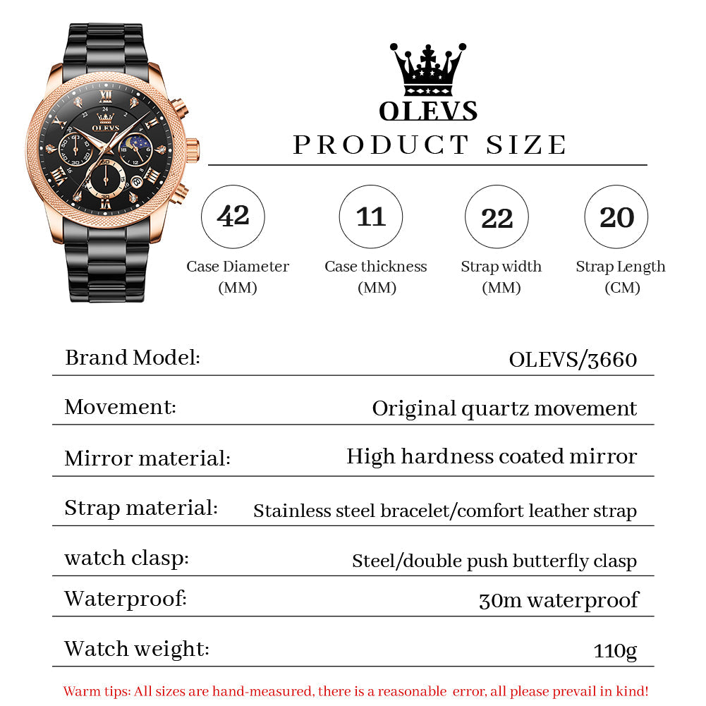 OLEVS 3660 Chronograph Watches for Men Fashion Dress Analog Quartz Moon Phase Stainless Steel Waterproof Luminous Date Luxury Mens Wrist Watches Reloj Para Hombre Rose/Black
