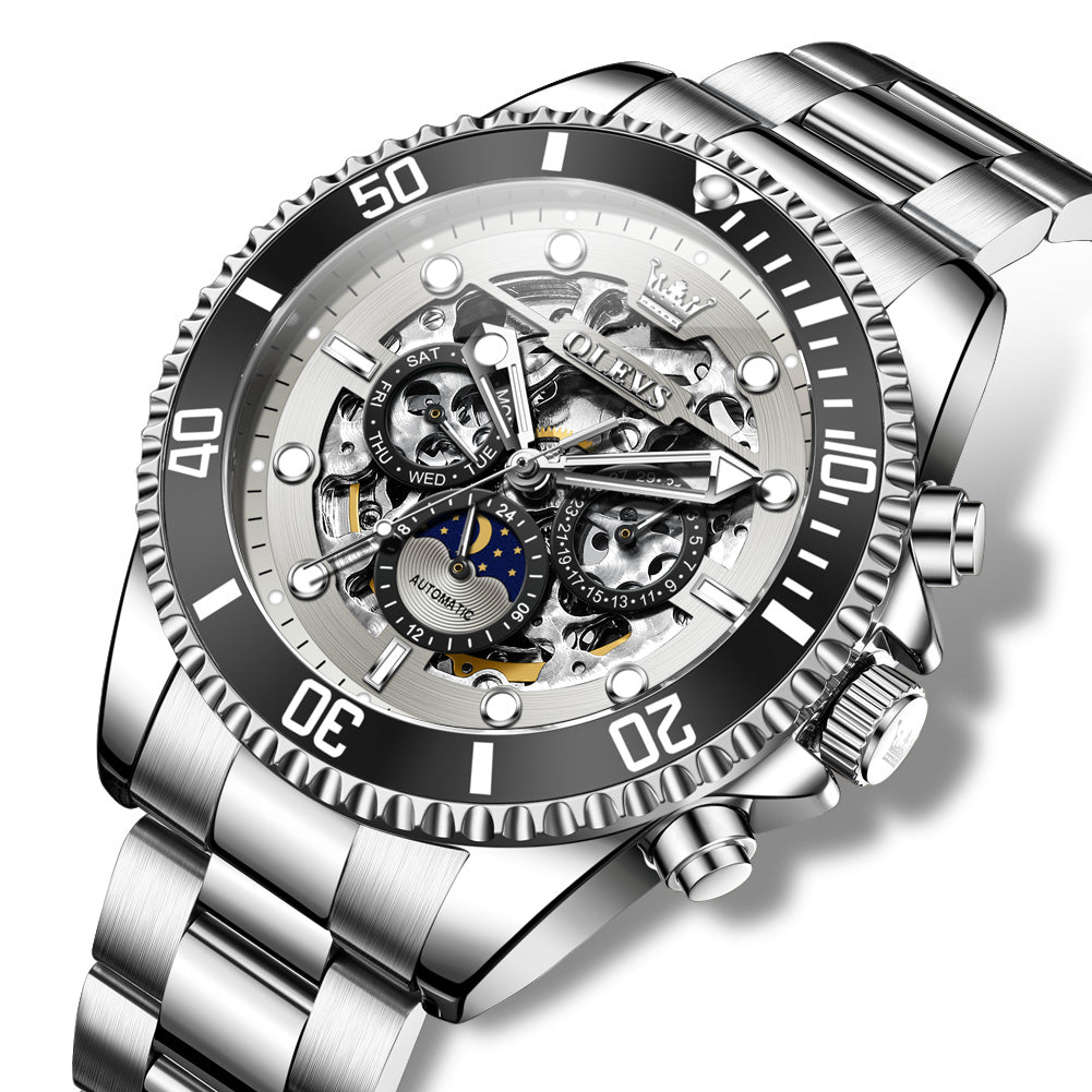 OLEVS 6715 Automatic Watches for Men Skeleton Self Winding Mechanical Fashion Dress Chronograph Moon Phase Stainless Steel Waterproof Luminous Mens Wrist Watches Gift Reloj Para Hombre