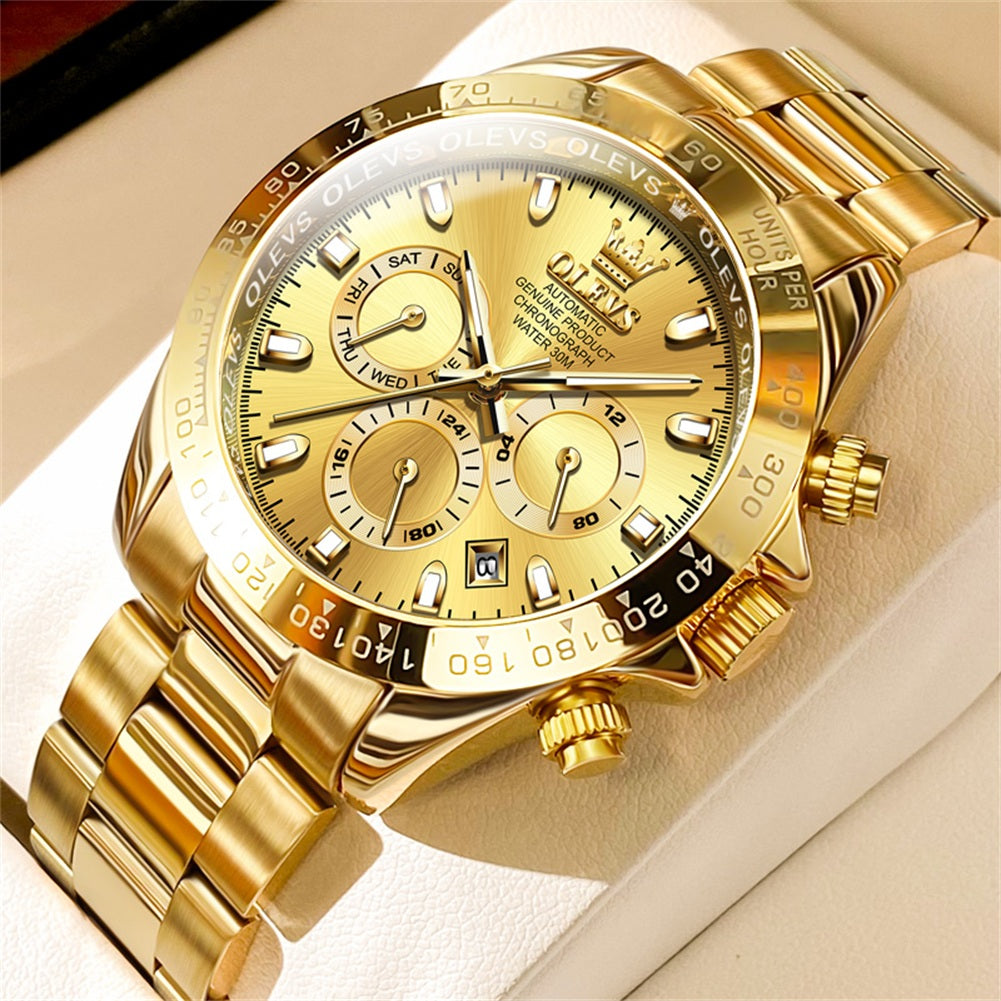 OLEVS 6638 Automatic Watches for Men Self Winding Chronograph Mechanical Luxury Dress Stainless Steel Calendar Date Waterproof Luminous Mens Wrist Watches Gift Reloj Para Hombre Gold/Black/Blue/Green Dial