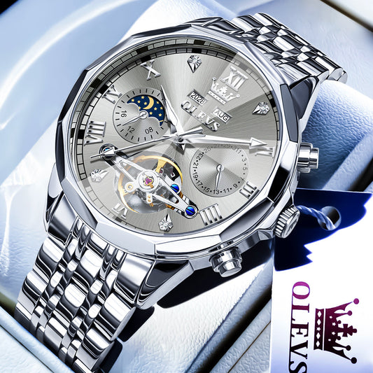 OLEVS 6620 Automatic Watches for Men Self Winding Mechanical Skeleton Luxury Dress Chronograph Gold Plated Stainless Steel Calendar Moon Phase Waterproof Luminous Mens Wrist Watches Reloj Para Hombre