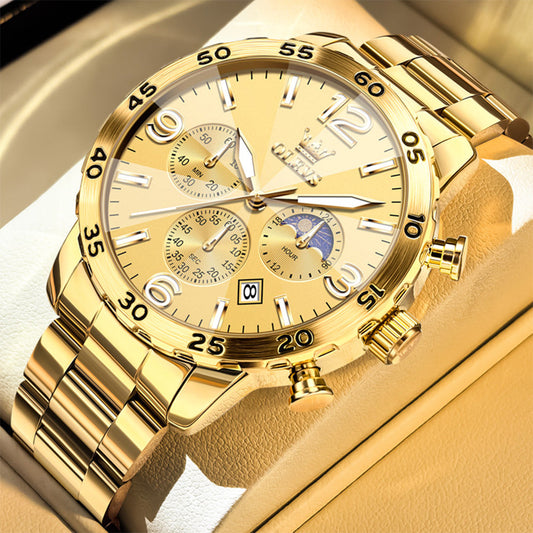OLEVS 3678 Relojes para Hombre de Lujo Vestido Cronógrafo Analógico Cuarzo Chapado en Oro Acero Inoxidable Fase Lunar Impermeable Luminoso Fecha Relojes de Pulsera de Moda para Hombre Reloj Para Hombre