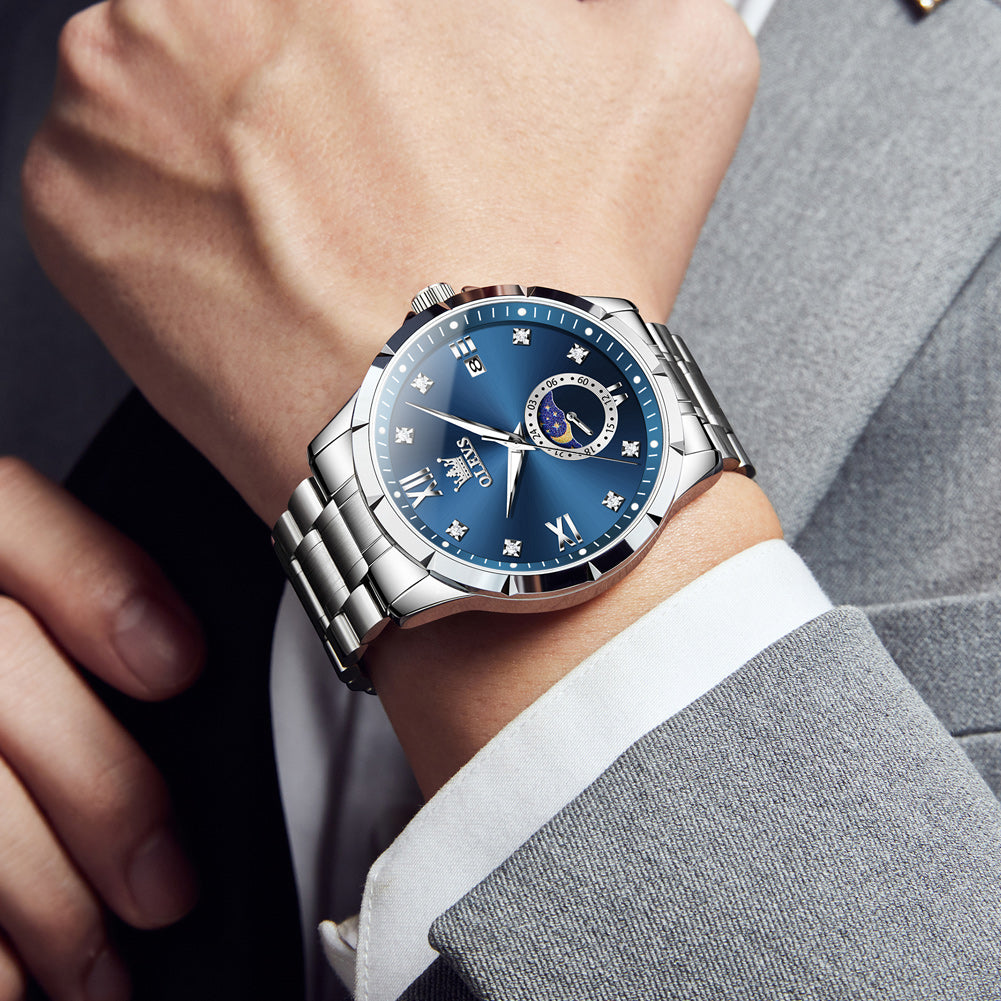 OLEVS 2956 Watches for Men Diamond Business Dress Casual Analog Moon Phase Calendar Quartz Stainless Steel Waterproof Luminous Date Men Wrist Watches Reloj Para Hombre White Dial