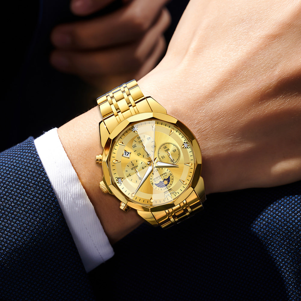 OLEVS 3673 Watches For Men Business Dress Luxury Casual Chronograph Multifunction Analog Quartz Stainless Steel Waterproof Luminous Moon Phase Date Men Wrist Watches Reloj Para Hombre White Dial