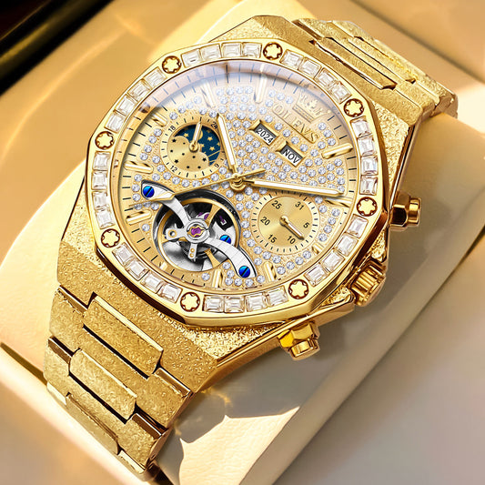 OLEVS 9805 Automatic Mens Watches Self Winding Mechanical Business Diamond Luxury Dress Stainless Steel Waterproof Luminous Wrist Watch