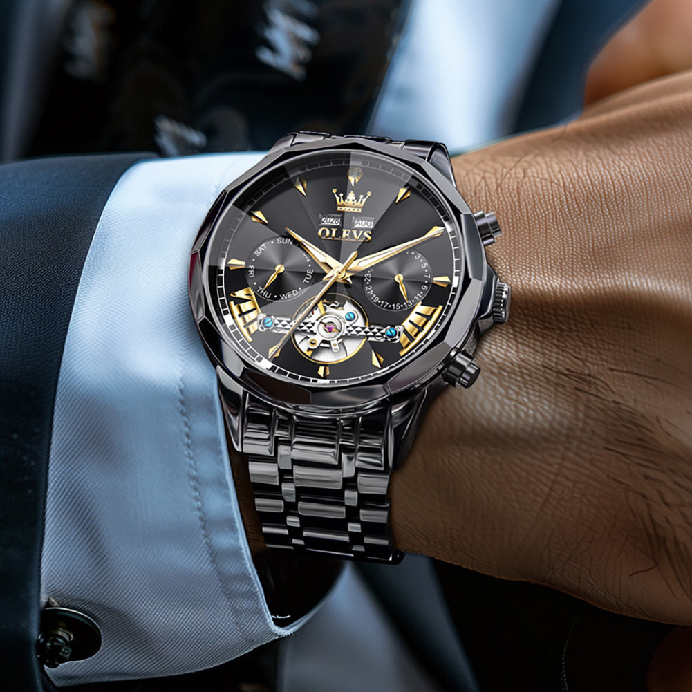 OLEVS 6619 Automatic Watches for Men Luxury Dress Waterproof Self Winding Mechanical Chronograph Diamond Stainless Steel Luminous Date Skeleton Tourbillon Mens Watches Gift Reloj Para Hombre