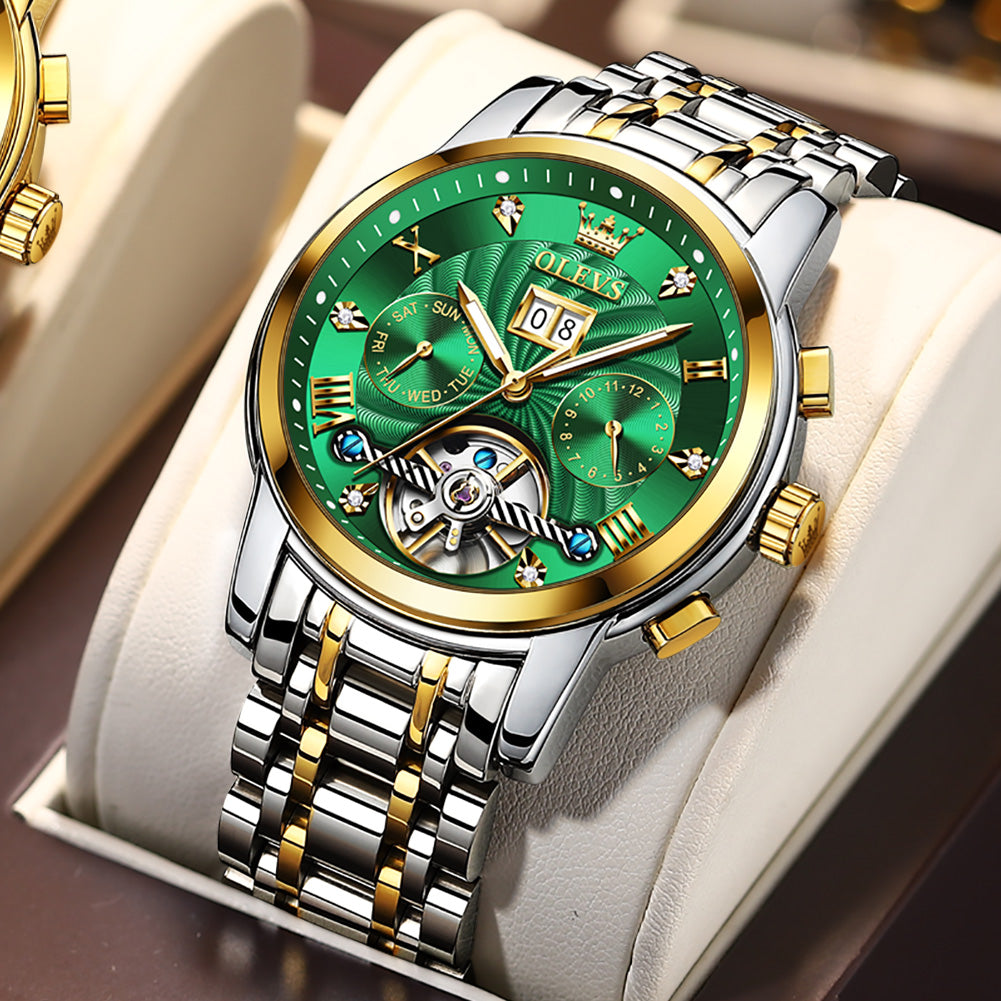 OLEVS 9910 Automatic Watches for Men Gold Luxury Dress Wrist Watch Self Winding Mechanical Skeleton Tourbillon Watch