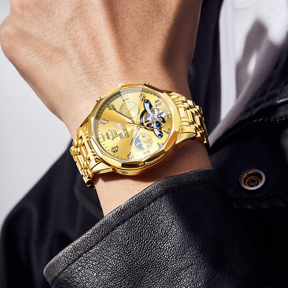 OLEVS 6621Automatic Watches for Men Luxury Dress Waterproof Self Winding Mechanical Moon Phase Chronograph Stainless Steel Luminous Diamond Date Skeleton Tourbillon Wristwatch for Men Reloj Para Hombre