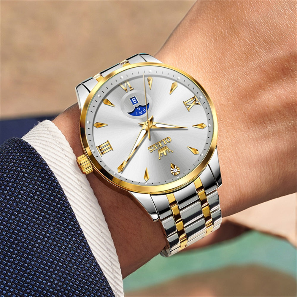 OLEVS 3646 Watches for Men Diamond Business Dress Casual Analog Quartz Stainless Steel Waterproof Luminous Day Date Men Wrist Watches Reloj Para Hombre White Dial