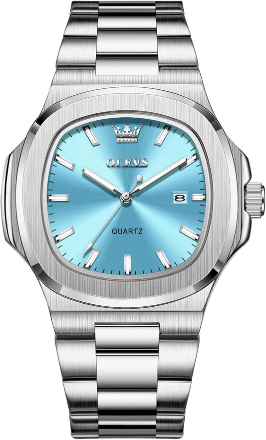 OLEVS 3696 Men's Large Face Stainless Steel Watch, Classic Rose Gold Silver Tone Octagonal Three-Hand Analog Quartz Mens Dress Watch, Luxury Easy to Read Calendar Date Waterproof Big Wrist Watches for Men