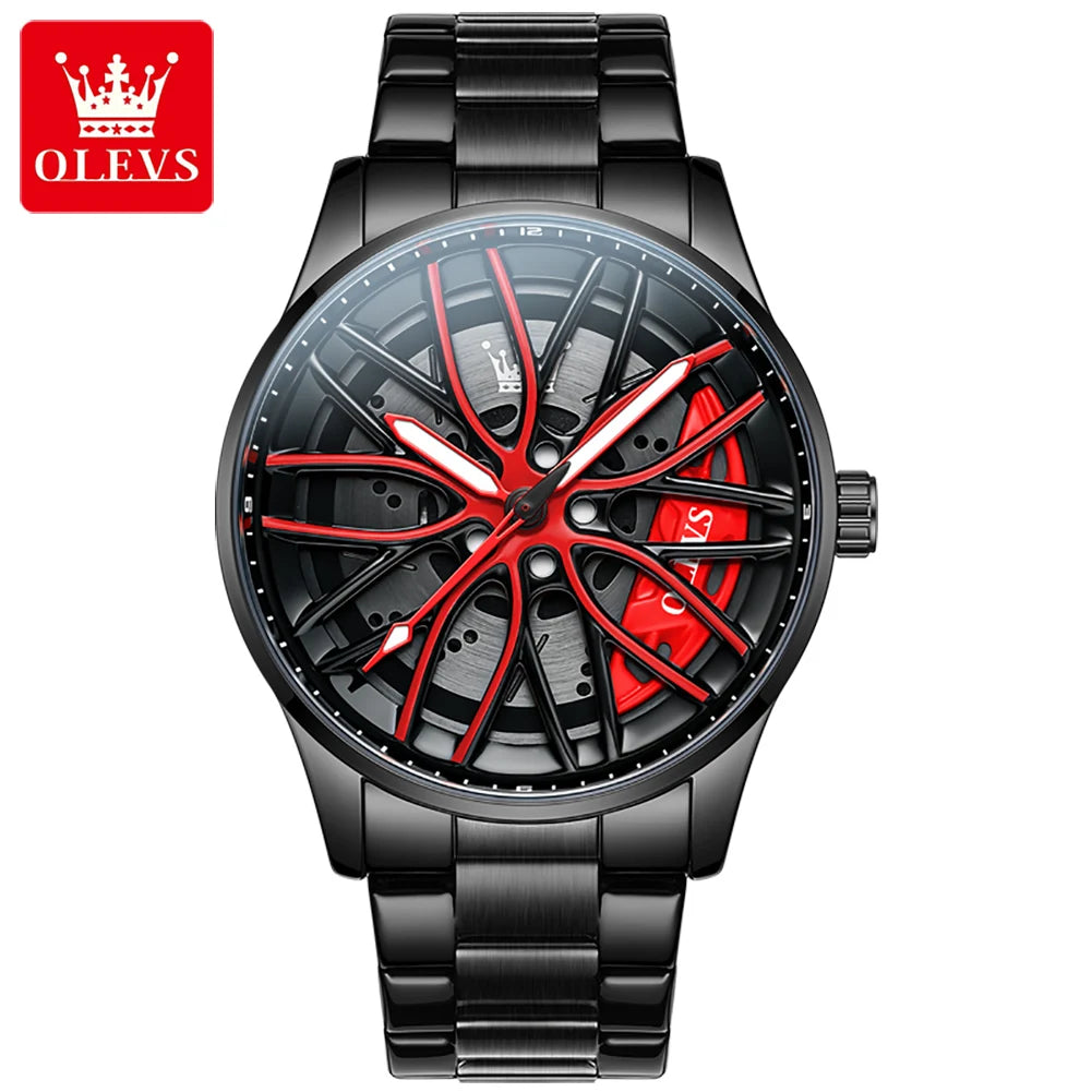 OLEVS 9937 Men's Watch Rotary Dial Skeleton Waterproof Luminous Hollow Wheel Hub Fashion Sports Stainless Steel Quartz Watch