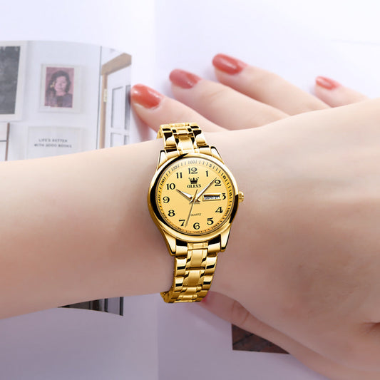 OLEVS 5567 Women's Quartz Watch with Roman Numerals, Date and Weekday Sub-Dials, Luminous Hands, 3ATM Water Resistance