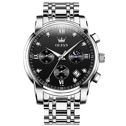 OLEVS 2858 Men's Watch, Business Chronograph Formal Stainless Steel Watch, Pointer Quartz Waterproof Luminous Men's Watch, Black and Blue Tone Stylish Holiday Gift