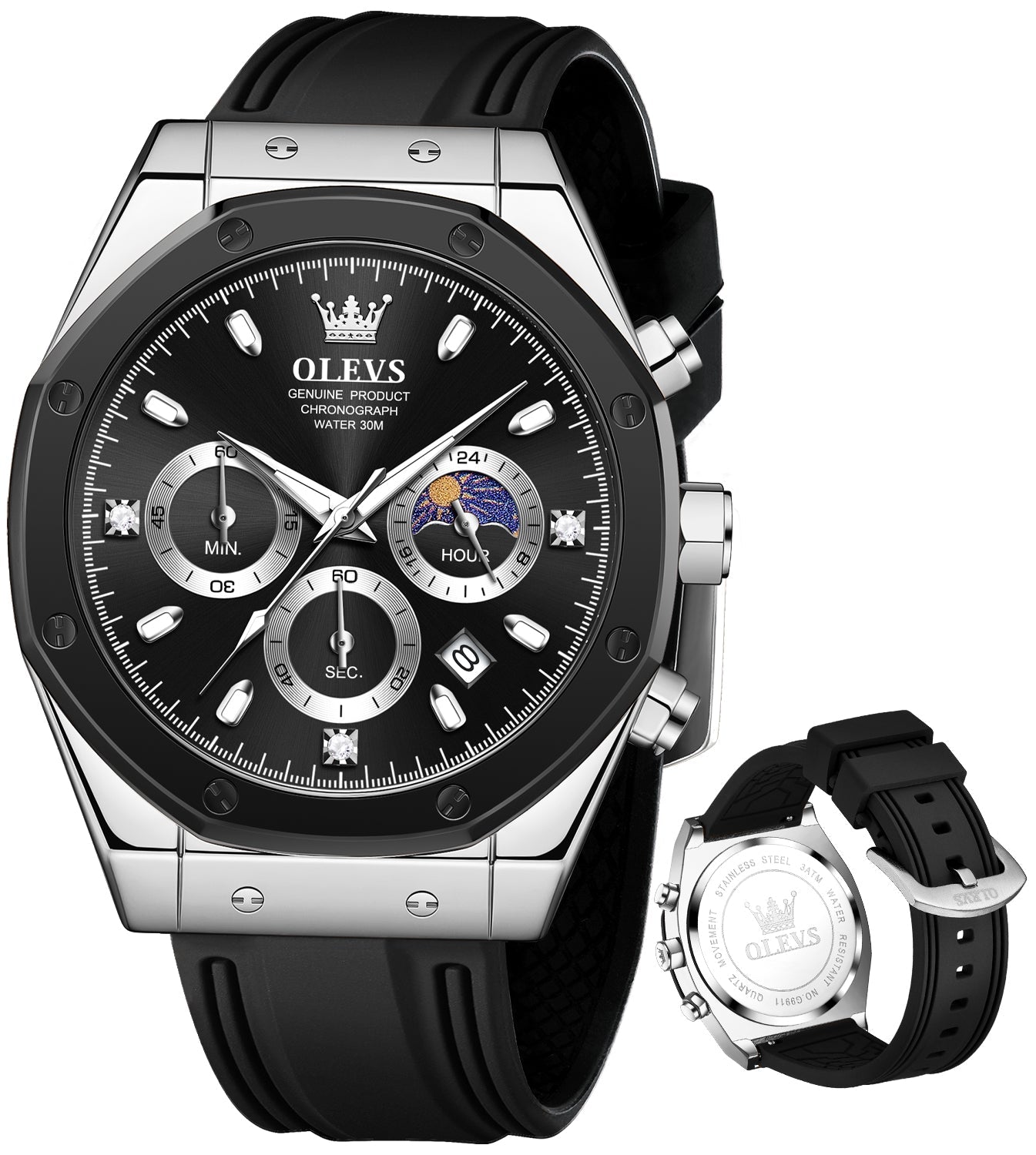 OLEVS 9911 Watches for Men Chronograph Waterproof Luxury Dress Quartz Silicon Strap Multifunction Moon Phase Business Calendar Luminous Men Wrist Watches Reloj Para Hombre Gray/Black/White