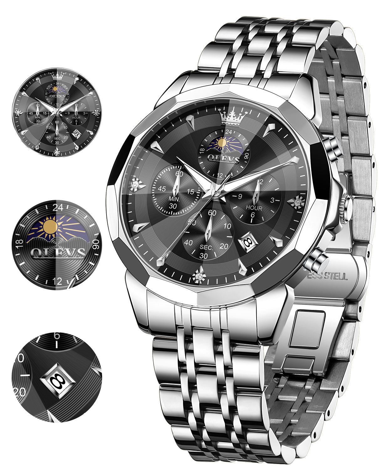 OLEVS 3673 Watches For Men Business Dress Luxury Casual Chronograph Multifunction Analog Quartz Stainless Steel Waterproof Luminous Moon Phase Date Men Wrist Watches Reloj Para Hombre White Dial