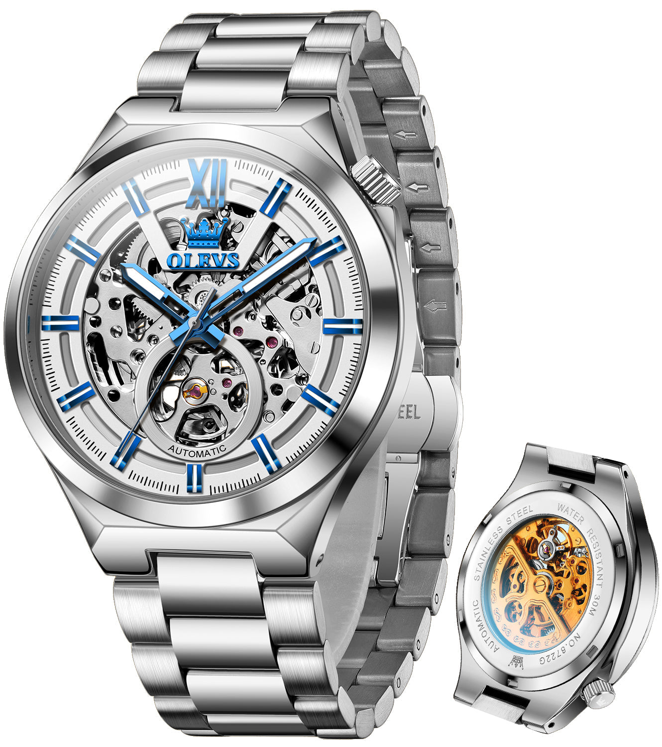 OLEVS 6722 Skeleton Watches for Men Luxury Dress Automatic Self Winding Mechanical Gold Plated Stainless Steel Waterproof Luminous Business Men Wrist Watch Reloj Para Hombre