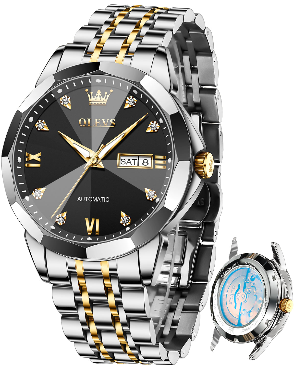 OLEVS 9982 Automatic Watches for Men Self Winding Mechanical Luxury Dress Stainless Steel Two Tone Strap Diamond Waterproof Luminous Date Mens Wrist Watches Reloj Para Hombre Black/Blue/Gold/White