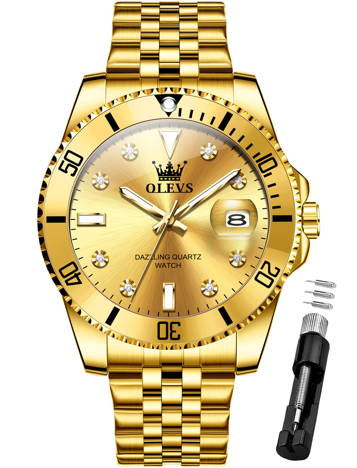 OLEVS 9809 Watch for Men Stainless Steel Business Dress Luxury Diamond Big Face Waterproof Mens Watches with Date Analog Wrist Men Watch Reloj para Hombre Gold Dial