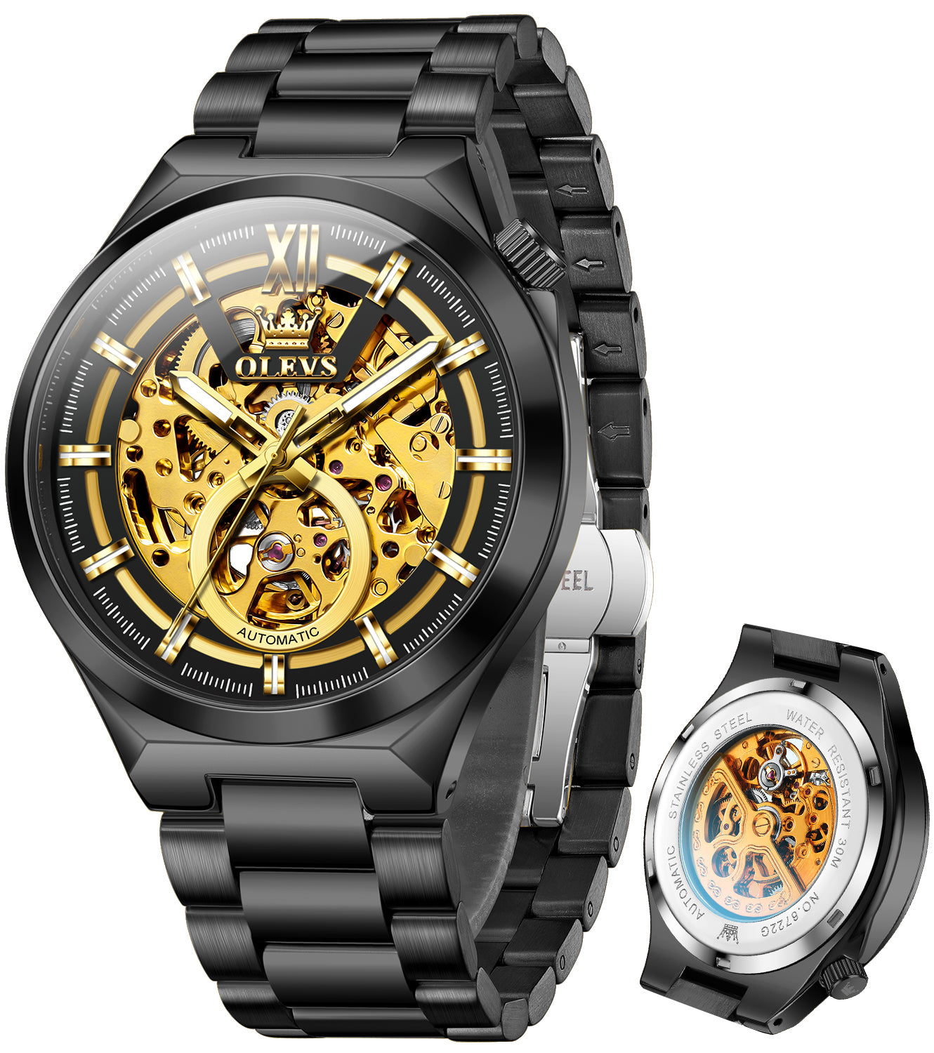 OLEVS 6722 Skeleton Watches for Men Luxury Dress Automatic Self Winding Mechanical Gold Plated Stainless Steel Waterproof Luminous Business Men Wrist Watch Reloj Para Hombre
