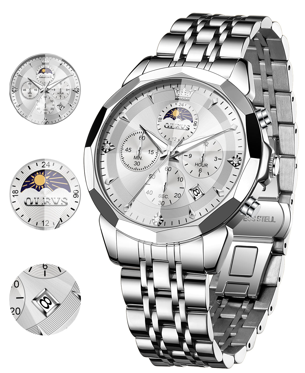 OLEVS 3673 Watches For Men Business Dress Luxury Casual Chronograph Multifunction Analog Quartz Stainless Steel Waterproof Luminous Moon Phase Date Men Wrist Watches Reloj Para Hombre White Dial