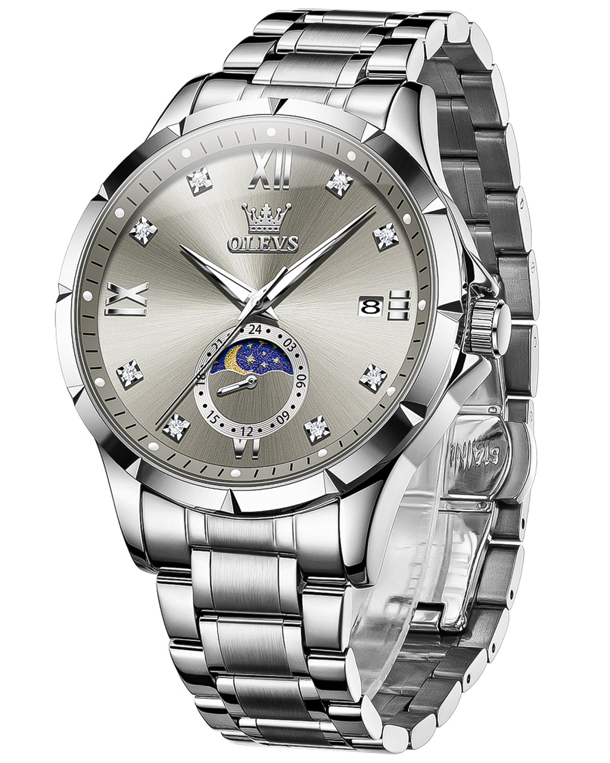 OLEVS 2956 Watches for Men Diamond Business Dress Casual Analog Moon Phase Calendar Quartz Stainless Steel Waterproof Luminous Date Men Wrist Watches Reloj Para Hombre White Dial