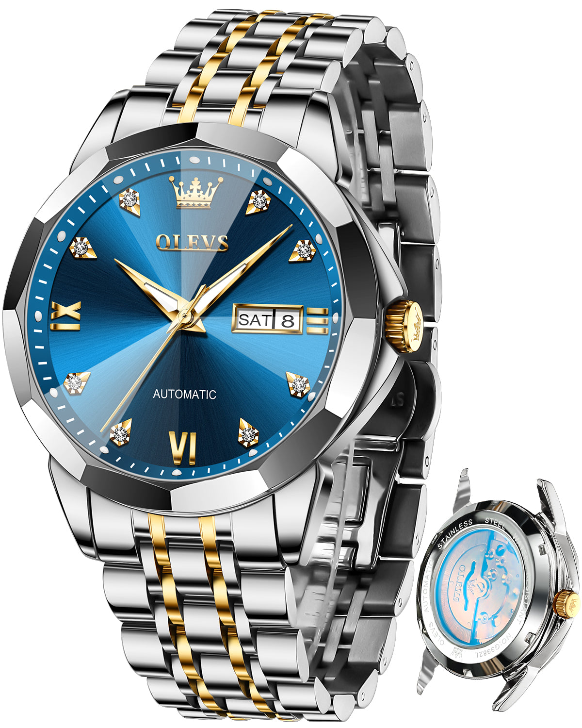 OLEVS 9982 Automatic Watches for Men Self Winding Mechanical Luxury Dress Stainless Steel Two Tone Strap Diamond Waterproof Luminous Date Mens Wrist Watches Reloj Para Hombre Black/Blue/Gold/White