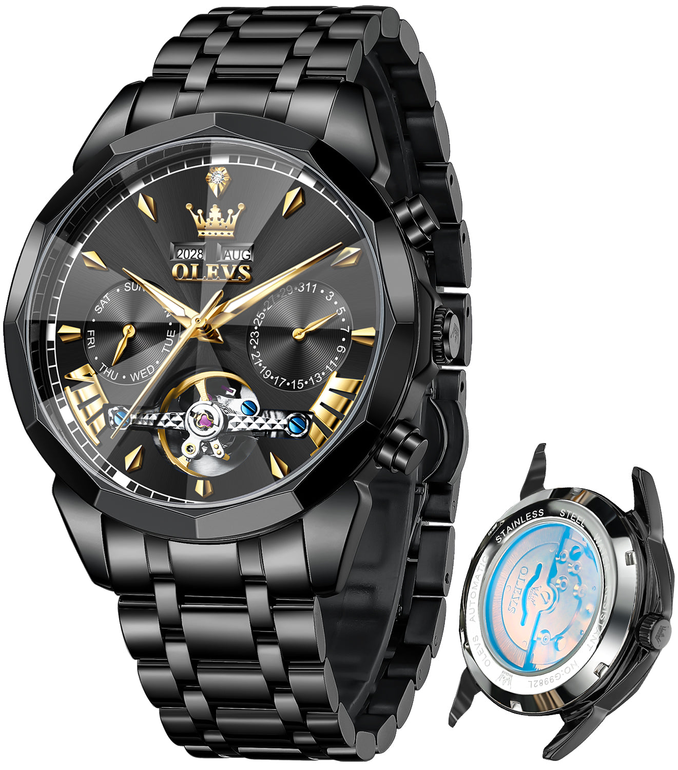 OLEVS 6619 Automatic Watches for Men Luxury Dress Waterproof Self Winding Mechanical Chronograph Diamond Stainless Steel Luminous Date Skeleton Tourbillon Mens Watches Gift Reloj Para Hombre