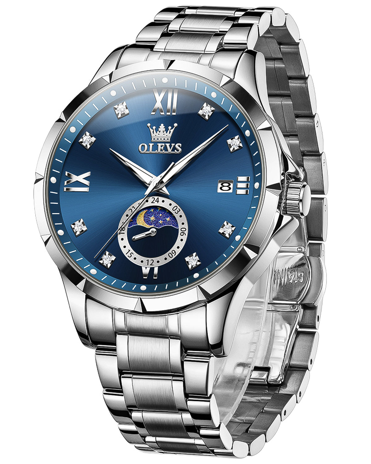 OLEVS 2956 Watches for Men Diamond Business Dress Casual Analog Moon Phase Calendar Quartz Stainless Steel Waterproof Luminous Date Men Wrist Watches Reloj Para Hombre White Dial
