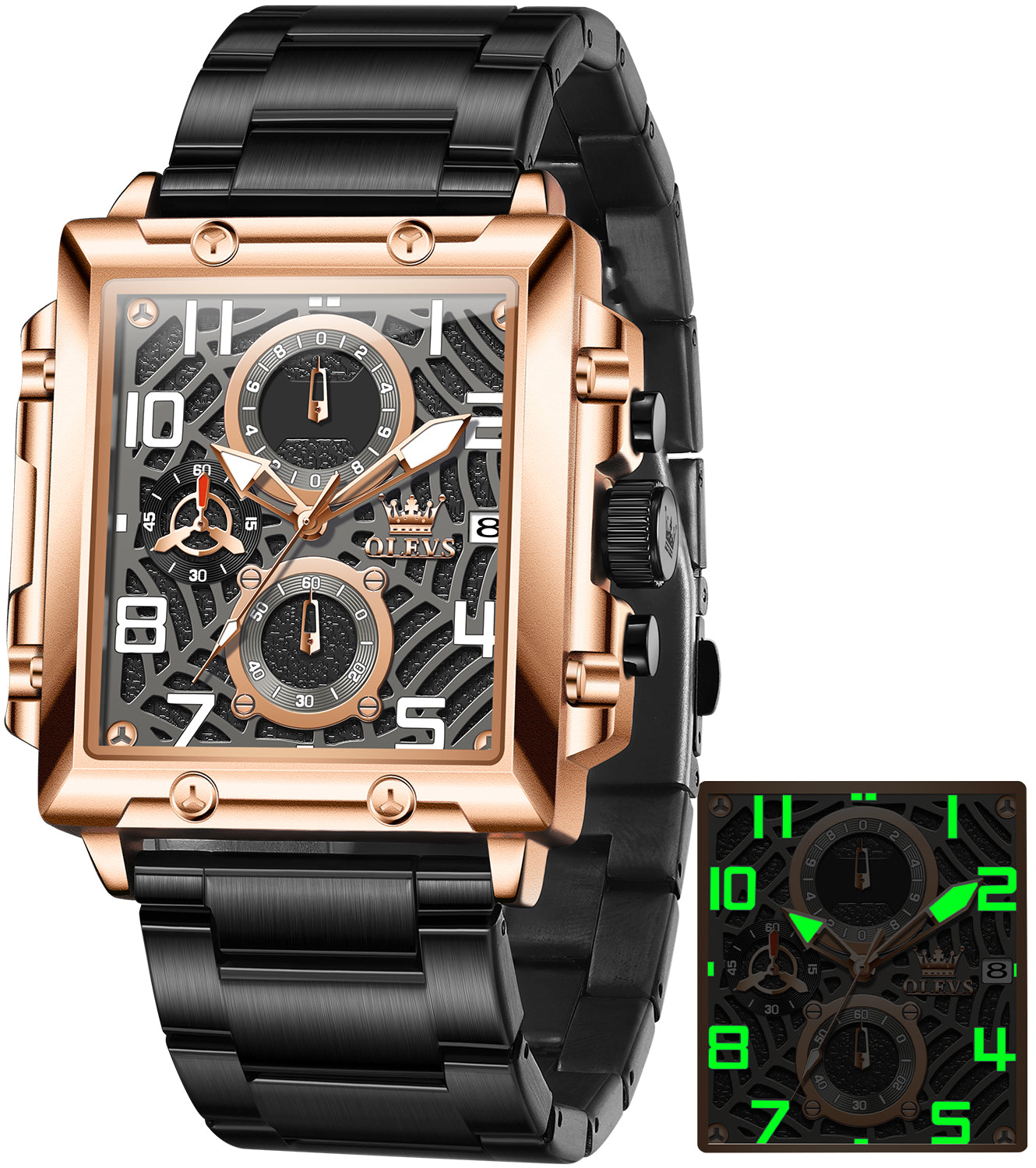 OLEVS 2958 Watches for Men Business Dress Chronograph Analog Quartz Square Dial Stainless Steel Waterproof Luminous Date Fashion Mens Wrist Watches Reloj Para Hombre