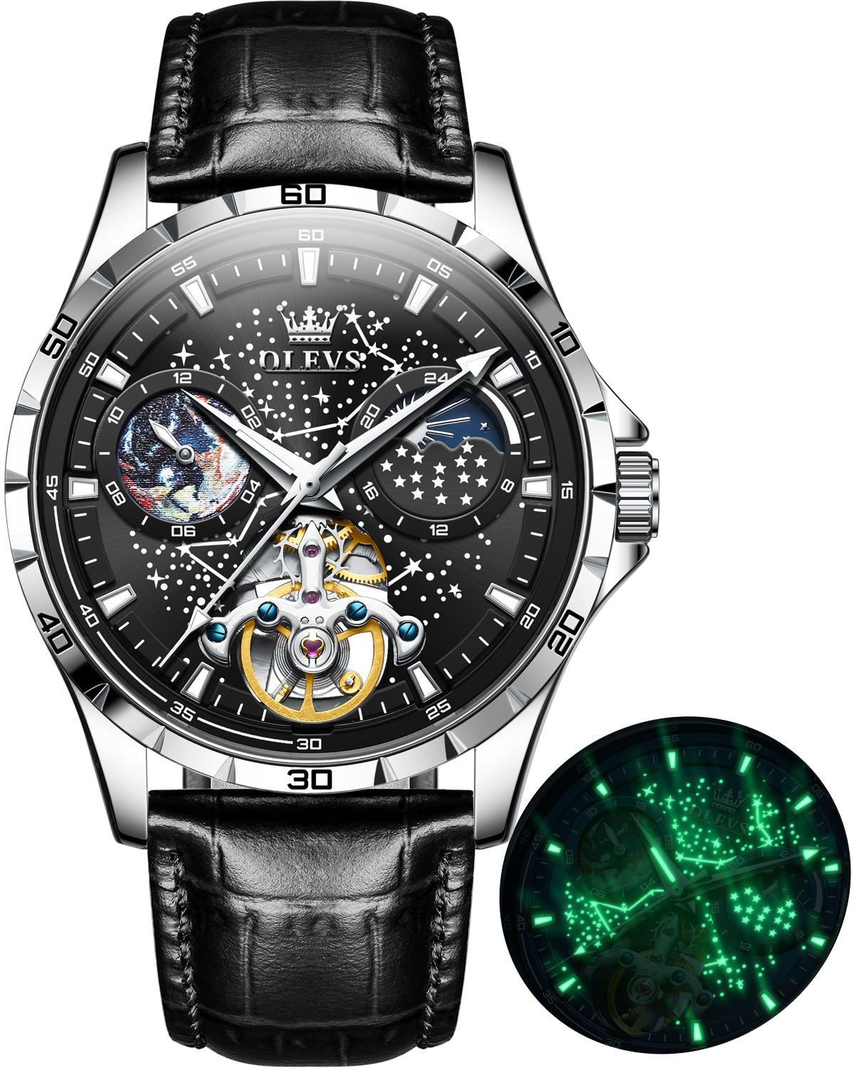 OLEVS 6689 Automatic Watches for Mens Starry Sky Skeleton Tourbillon Self Winding Mechanical Moon Phase Luminous Waterproof Luxury Dress Mens Wrist Watches Gifts Reloj Para Hombre Black/Blue/Green