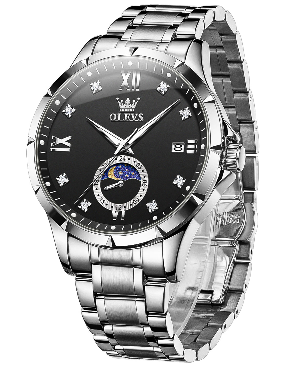 OLEVS 2956 Watches for Men Diamond Business Dress Casual Analog Moon Phase Calendar Quartz Stainless Steel Waterproof Luminous Date Men Wrist Watches Reloj Para Hombre White Dial