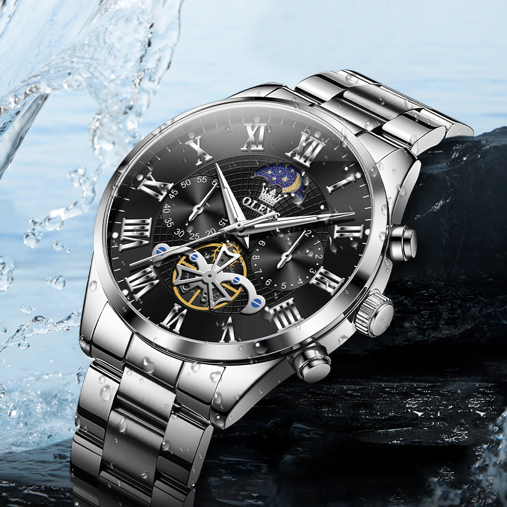 OLEVS 3640 Chronograph Watches for Men Waterproof Business Dress Analog Quartz Luxury Moon Phase Stainless Steel Roman Numeral Luminous Casual Mens Wrist Watches Reloj Para Hombre