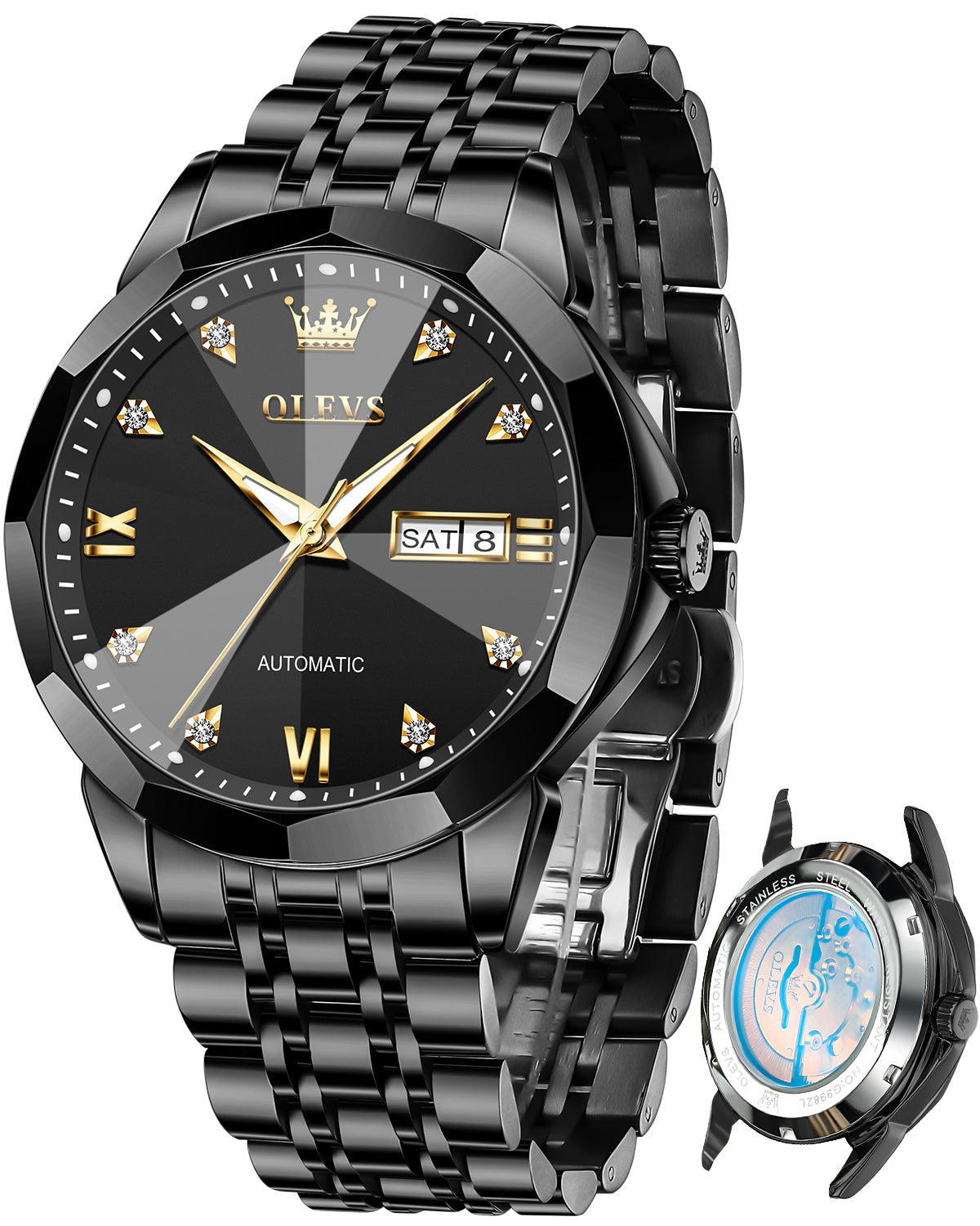 OLEVS 9982 Automatic Watches for Men Self Winding Mechanical Luxury Dress Stainless Steel Two Tone Strap Diamond Waterproof Luminous Date Mens Wrist Watches Reloj Para Hombre Black/Blue/Gold/White