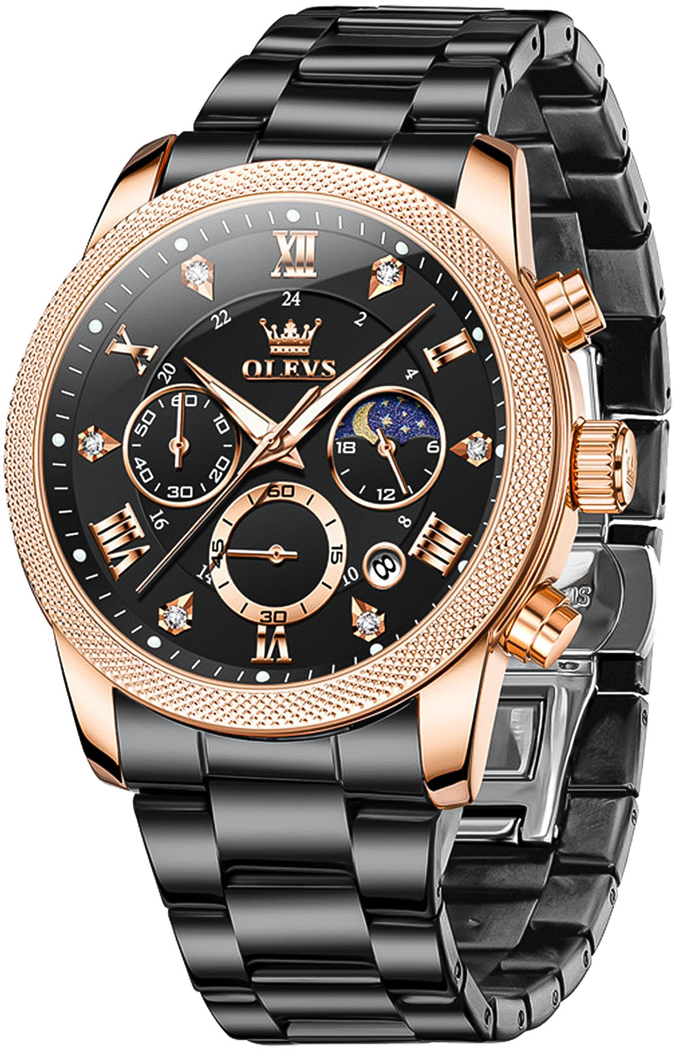 OLEVS 3660 Chronograph Watches for Men Fashion Dress Analog Quartz Moon Phase Stainless Steel Waterproof Luminous Date Luxury Mens Wrist Watches Reloj Para Hombre Rose/Black