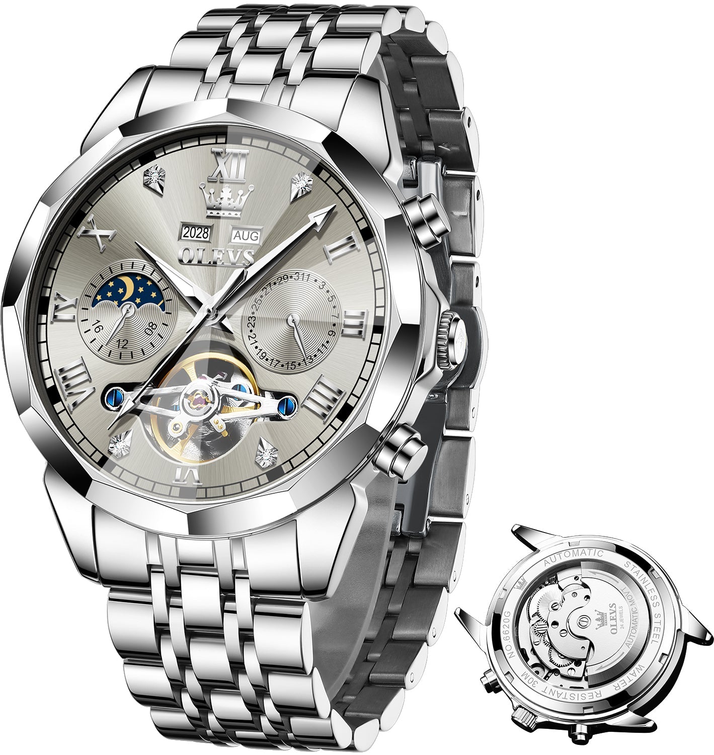 OLEVS 6620 Automatic Watches for Men Self Winding Mechanical Skeleton Luxury Dress Chronograph Gold Plated Stainless Steel Calendar Moon Phase Waterproof Luminous Mens Wrist Watches Reloj Para Hombre