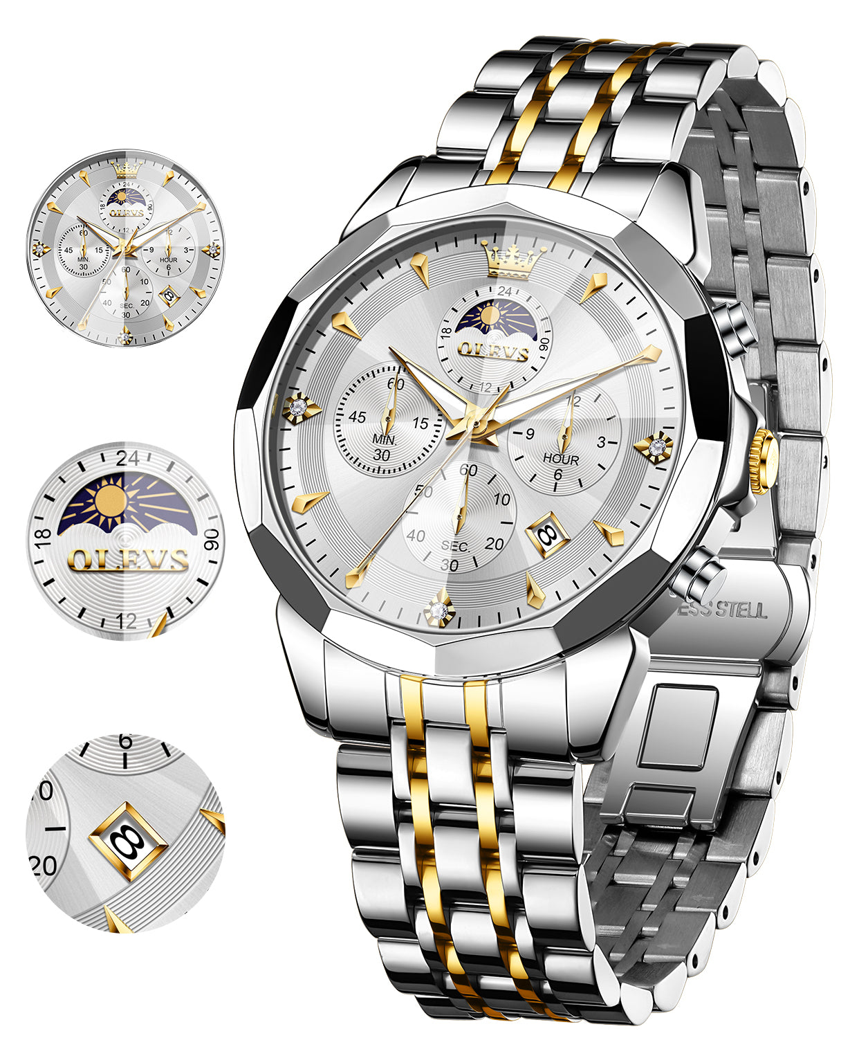 OLEVS 3673 Watches For Men Business Dress Luxury Casual Chronograph Multifunction Analog Quartz Stainless Steel Waterproof Luminous Moon Phase Date Men Wrist Watches Reloj Para Hombre White Dial