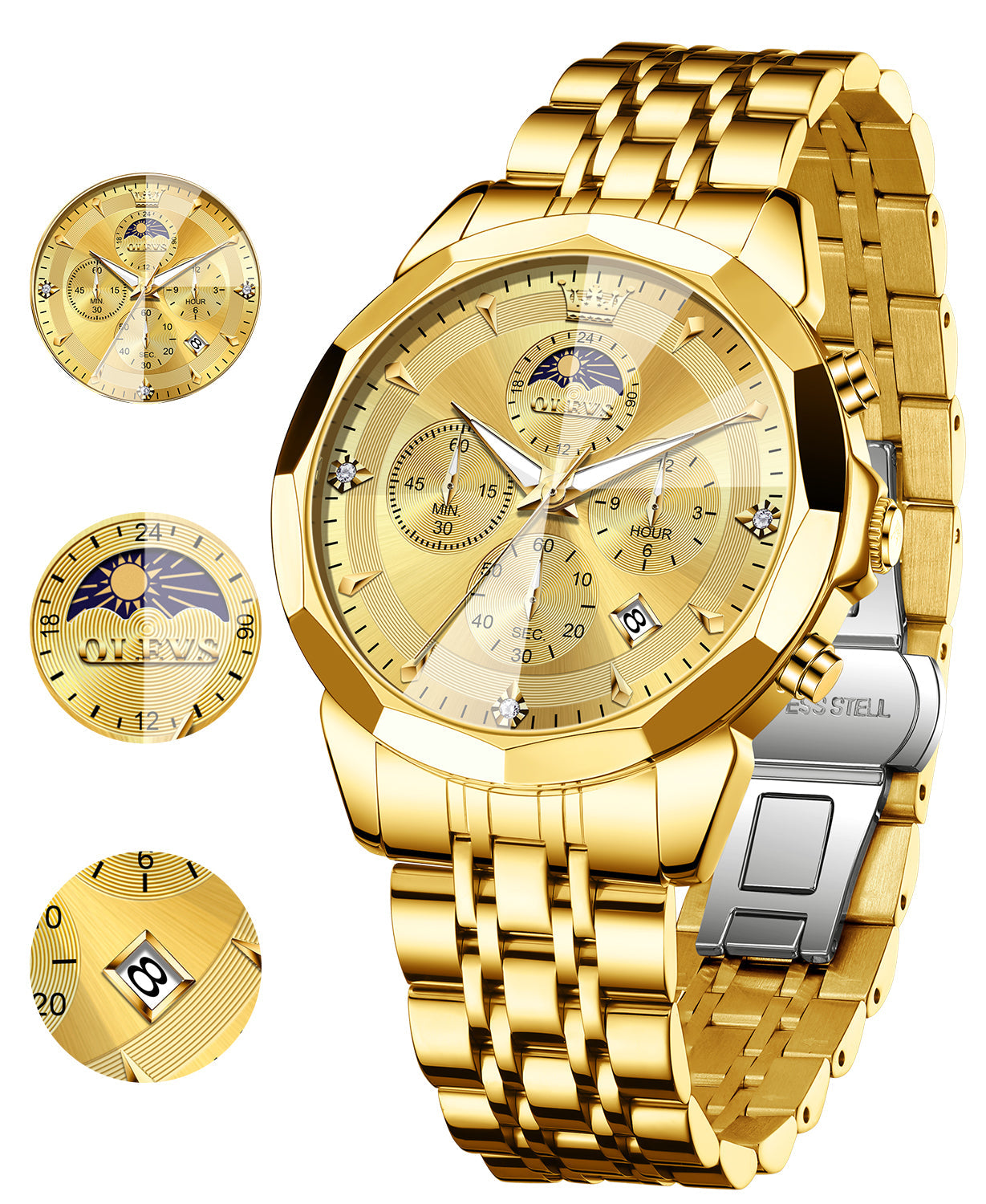 OLEVS 3673 Watches For Men Business Dress Luxury Casual Chronograph Multifunction Analog Quartz Stainless Steel Waterproof Luminous Moon Phase Date Men Wrist Watches Reloj Para Hombre