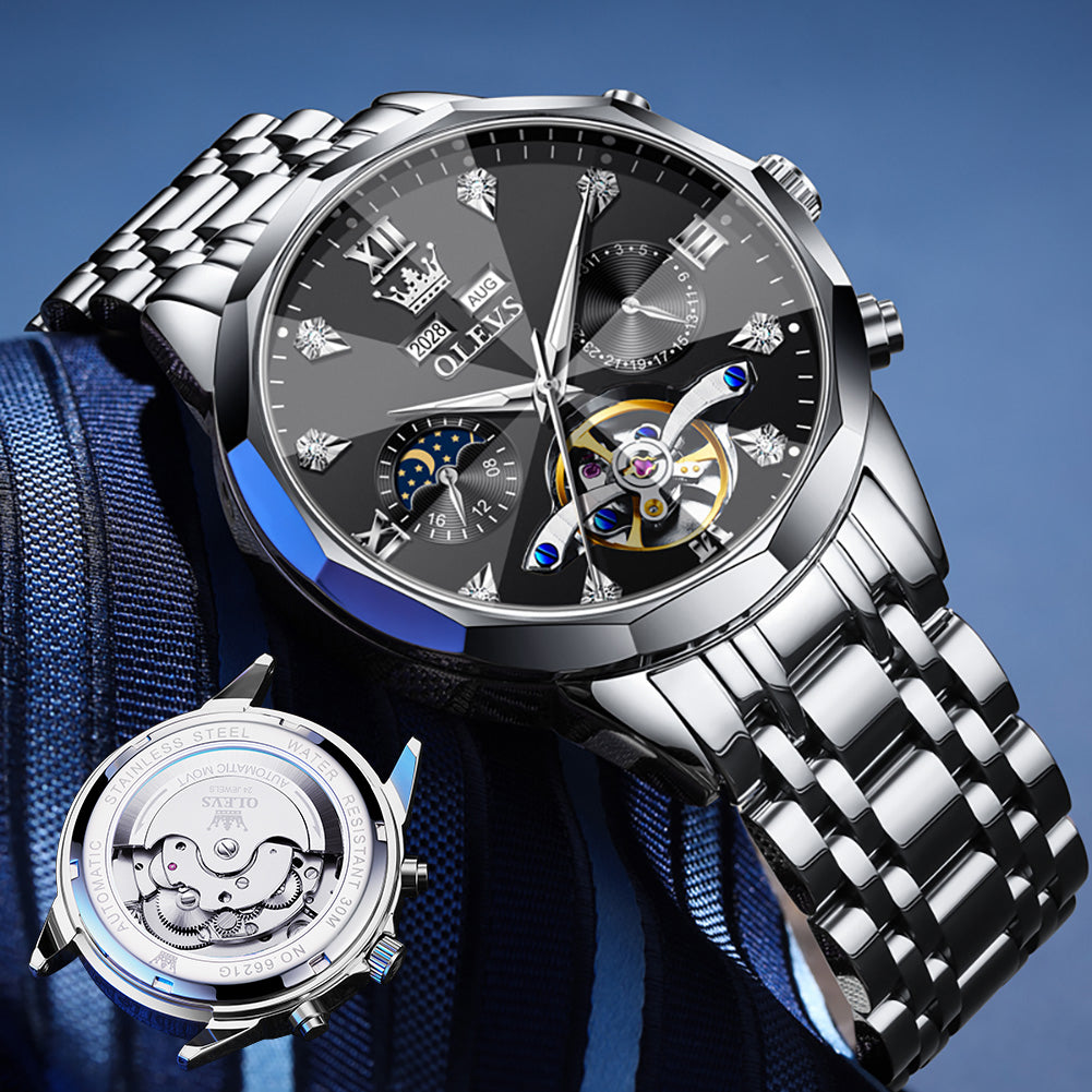 OLEVS 6621Automatic Watches for Men Luxury Dress Waterproof Self Winding Mechanical Moon Phase Chronograph Stainless Steel Luminous Diamond Date Skeleton Tourbillon Wristwatch for Men Reloj Para Hombre