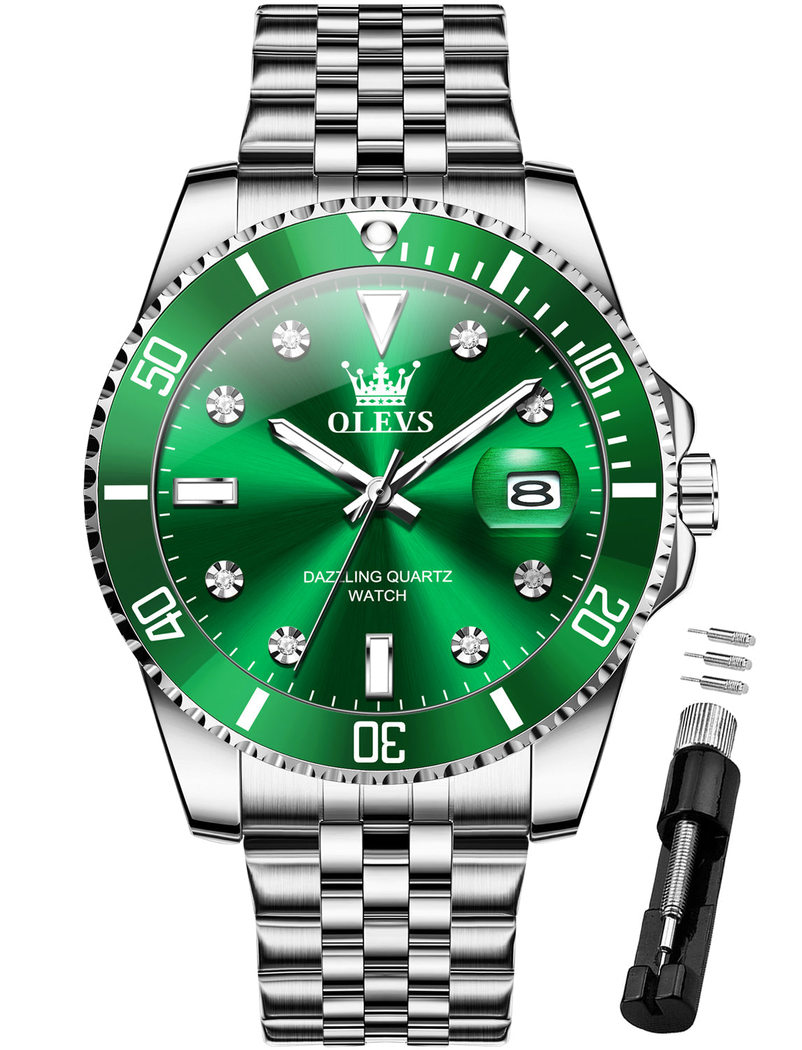 OLEVS 9809 Watch for Men Stainless Steel Business Dress Luxury Diamond Big Face Waterproof Mens Watches with Date Analog Wrist Men Watch Reloj para Hombre Gold Dial