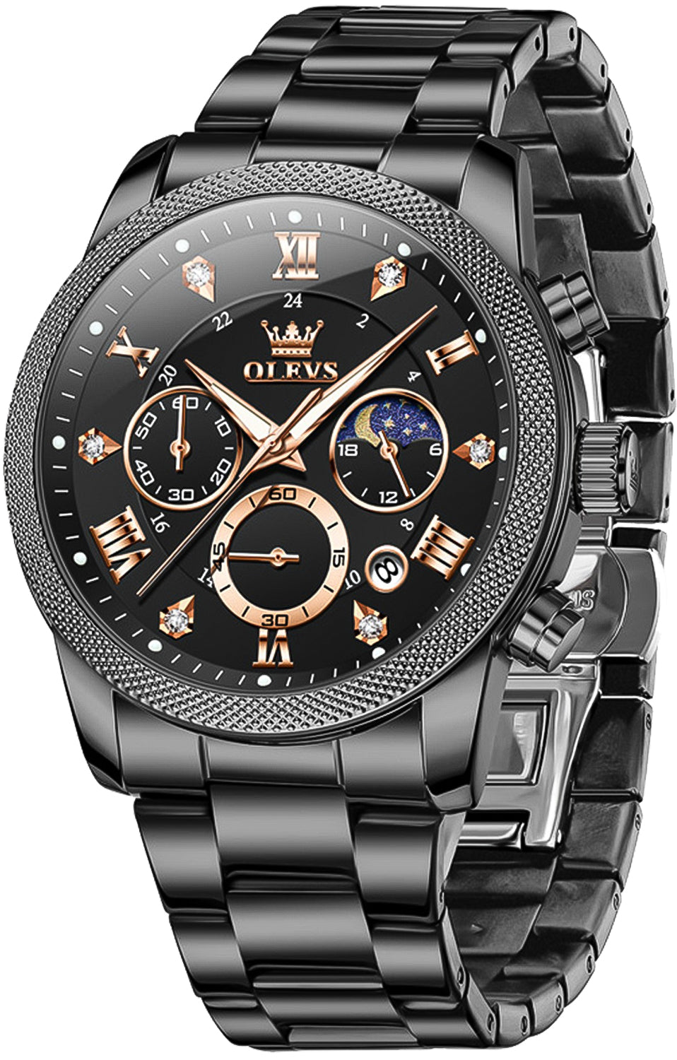 OLEVS 3660 Chronograph Watches for Men Fashion Dress Analog Quartz Moon Phase Stainless Steel Waterproof Luminous Date Luxury Mens Wrist Watches Reloj Para Hombre Rose/Black
