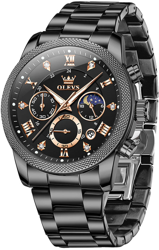 OLEVS 3660 Chronograph Watches for Men Fashion Dress Analog Quartz Moon Phase Stainless Steel Waterproof Luminous Date Luxury Mens Wrist Watches Reloj Para Hombre Rose/Black