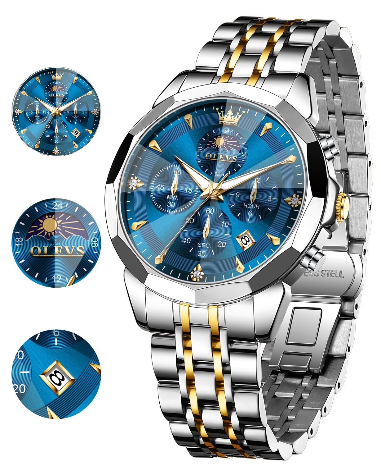 OLEVS 3673 Watches For Men Business Dress Luxury Casual Chronograph Multifunction Analog Quartz Stainless Steel Waterproof Luminous Moon Phase Date Men Wrist Watches Reloj Para Hombre White Dial