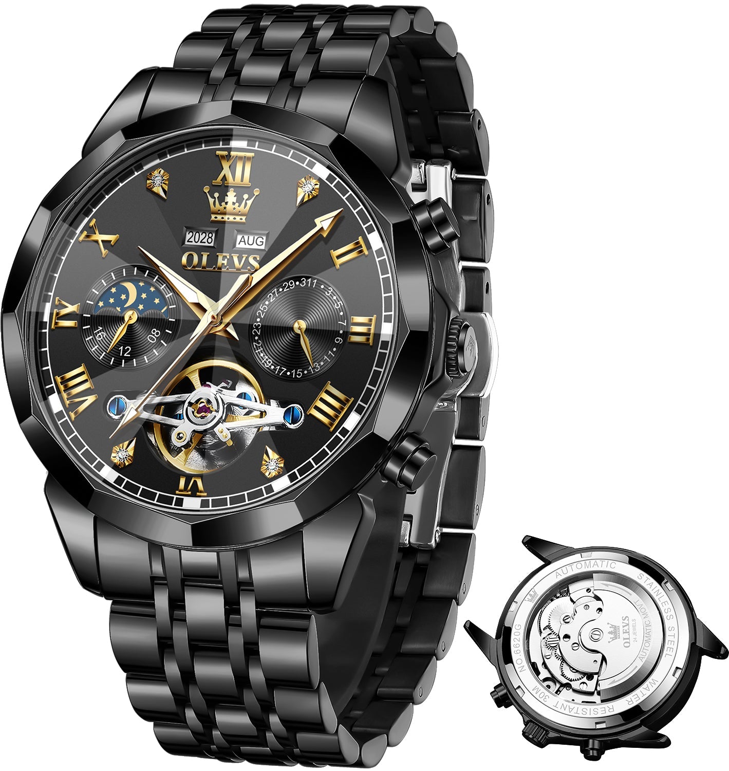OLEVS 6620 Automatic Watches for Men Self Winding Mechanical Skeleton Luxury Dress Chronograph Gold Plated Stainless Steel Calendar Moon Phase Waterproof Luminous Mens Wrist Watches Reloj Para Hombre