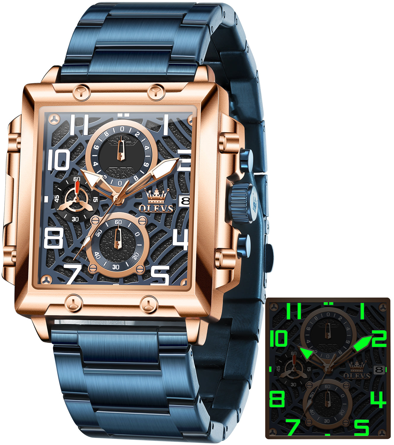 OLEVS 2958 Watches for Men Business Dress Chronograph Analog Quartz Square Dial Stainless Steel Waterproof Luminous Date Fashion Mens Wrist Watches Reloj Para Hombre
