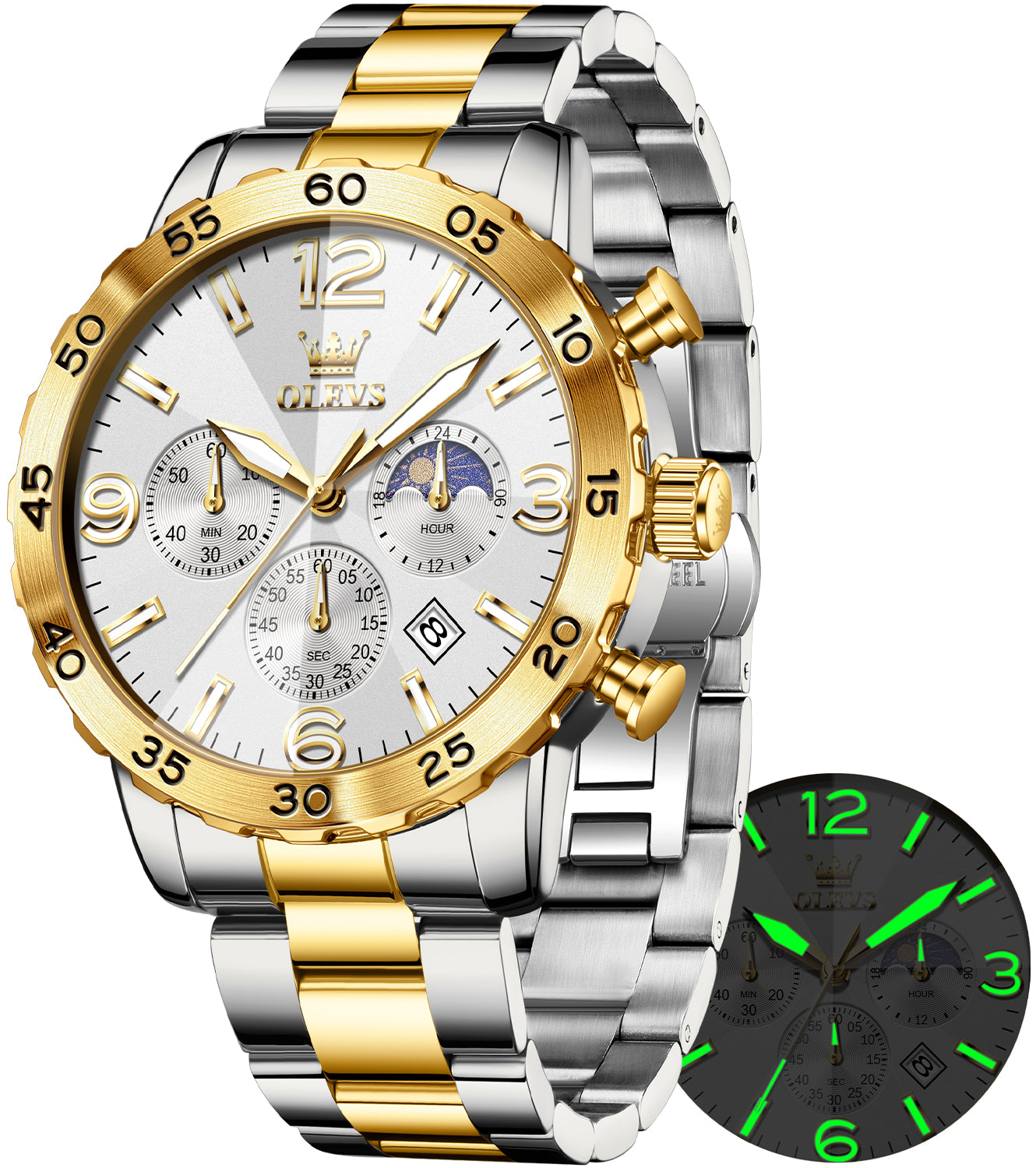 OLEVS 3678 Relojes para Hombre de Lujo Vestido Cronógrafo Analógico Cuarzo Chapado en Oro Acero Inoxidable Fase Lunar Impermeable Luminoso Fecha Relojes de Pulsera de Moda para Hombre Reloj Para Hombre 